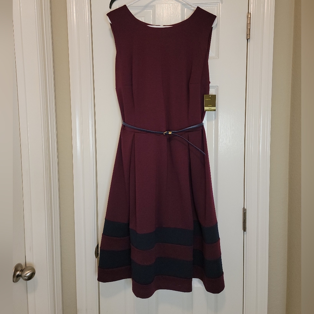 Taylor Woman, sleeveless dress, maroon with navy blue stripes, size 18W